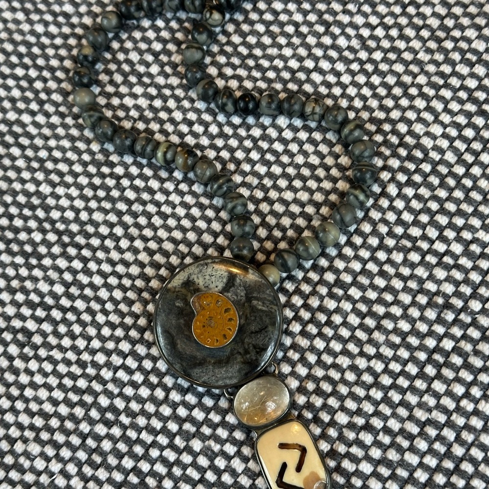Gray Beaded Necklace with Decorative Pendant